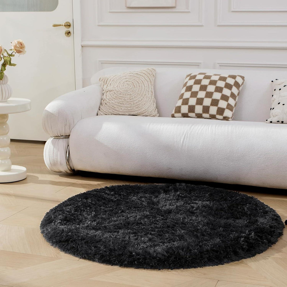 Wohnzimmer Teppich Schwarz Hochflor Shaggy 120cm rund