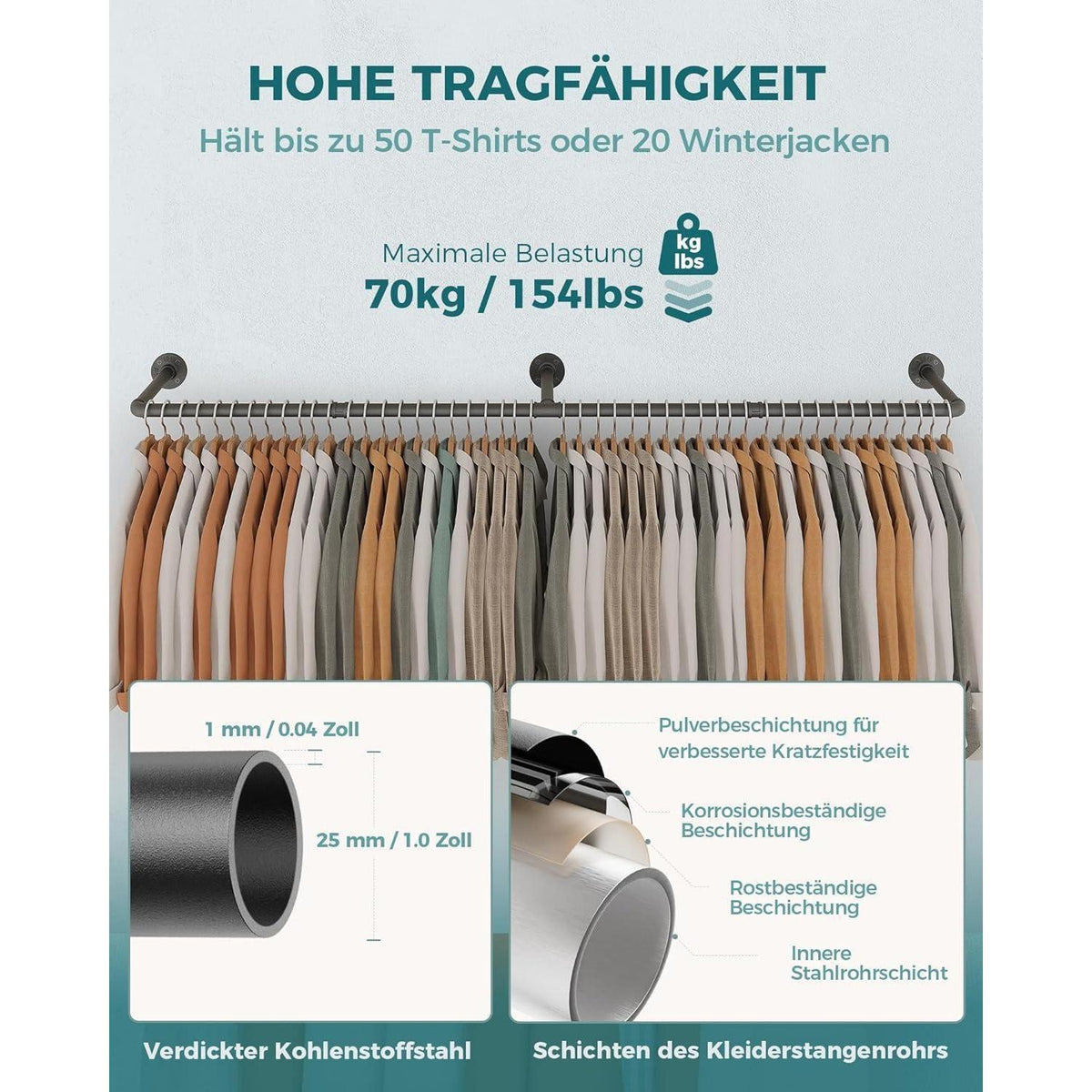Industrielle Rohr Kleiderstange 2er Set, 167cm Wandmontage Schwarz