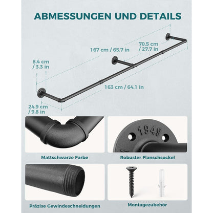 Industrielle Rohr Kleiderstange 2er Set, 167cm Wandmontage Schwarz