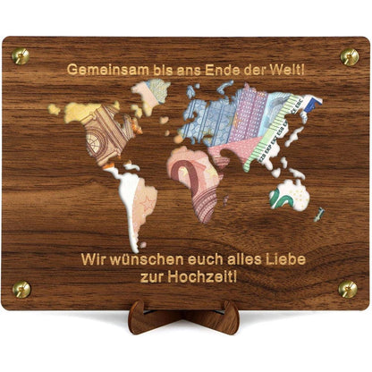 Geldgeschenk Hochzeit Weltkarte Holz mit Karte & Ständer