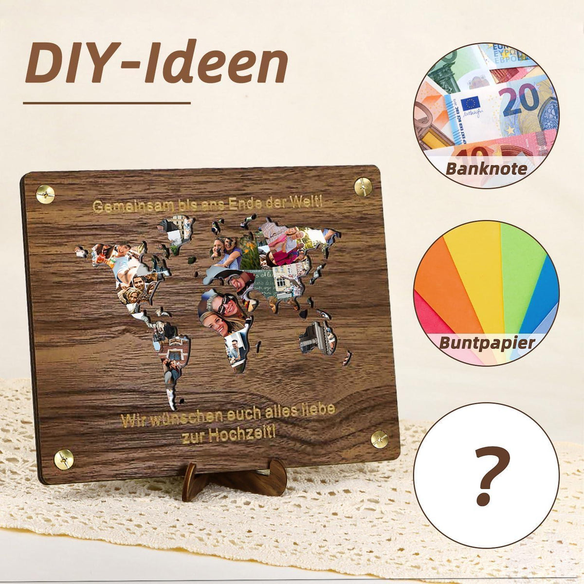 Geldgeschenk Hochzeit Weltkarte Holz mit Karte & Ständer