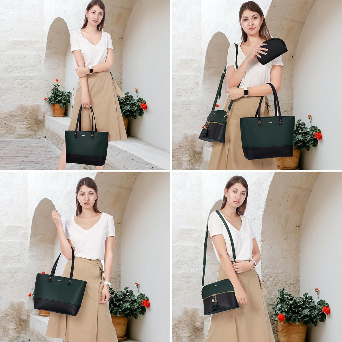 Große Damen Handtasche Set Schultertasche Shopper Leder 3-teilig