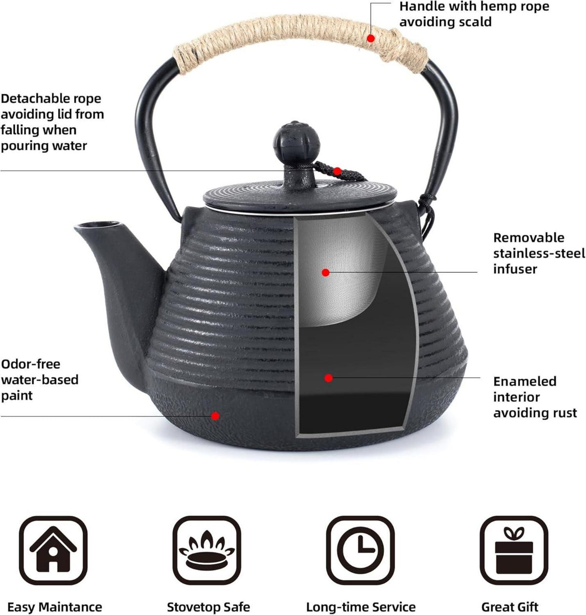 Teekanne Gusseisen Wasserkocher-Safe emailliert 35oz Schwarz