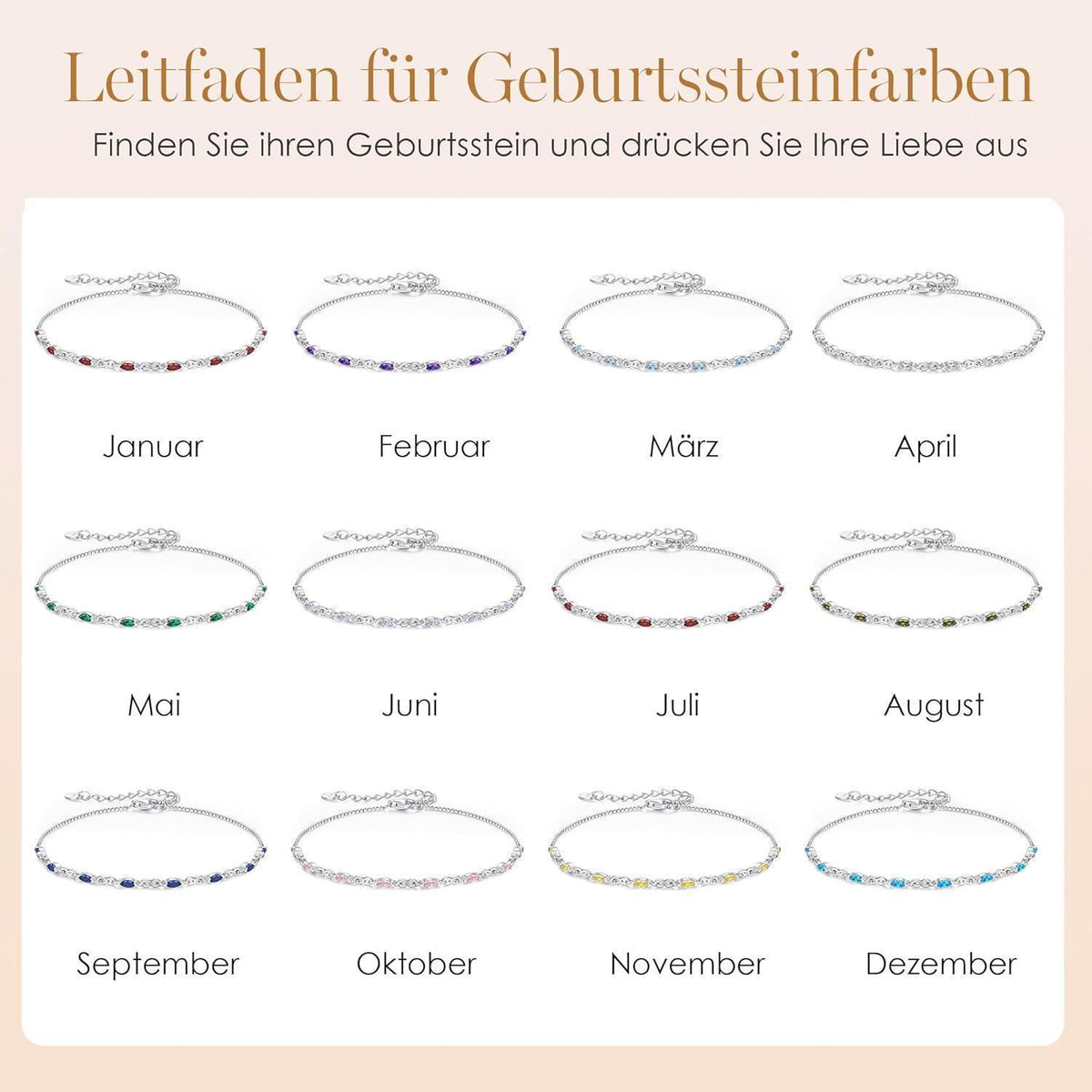 Armband Damen Silber 925 mit Zirkonia Geburtsstein verstellbar