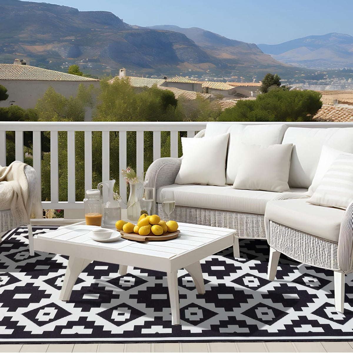 OMERAI Wetterfester Teppich 120x180cm Schwarz-Weiß In-& Outdoor Modernd