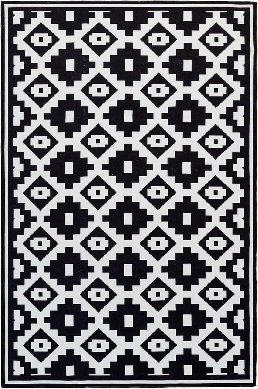 Großer Wetterfester Schwarz-Weiß Teppich 180x270cm In-& Outdoor Modern Rutschfest & Waschbar