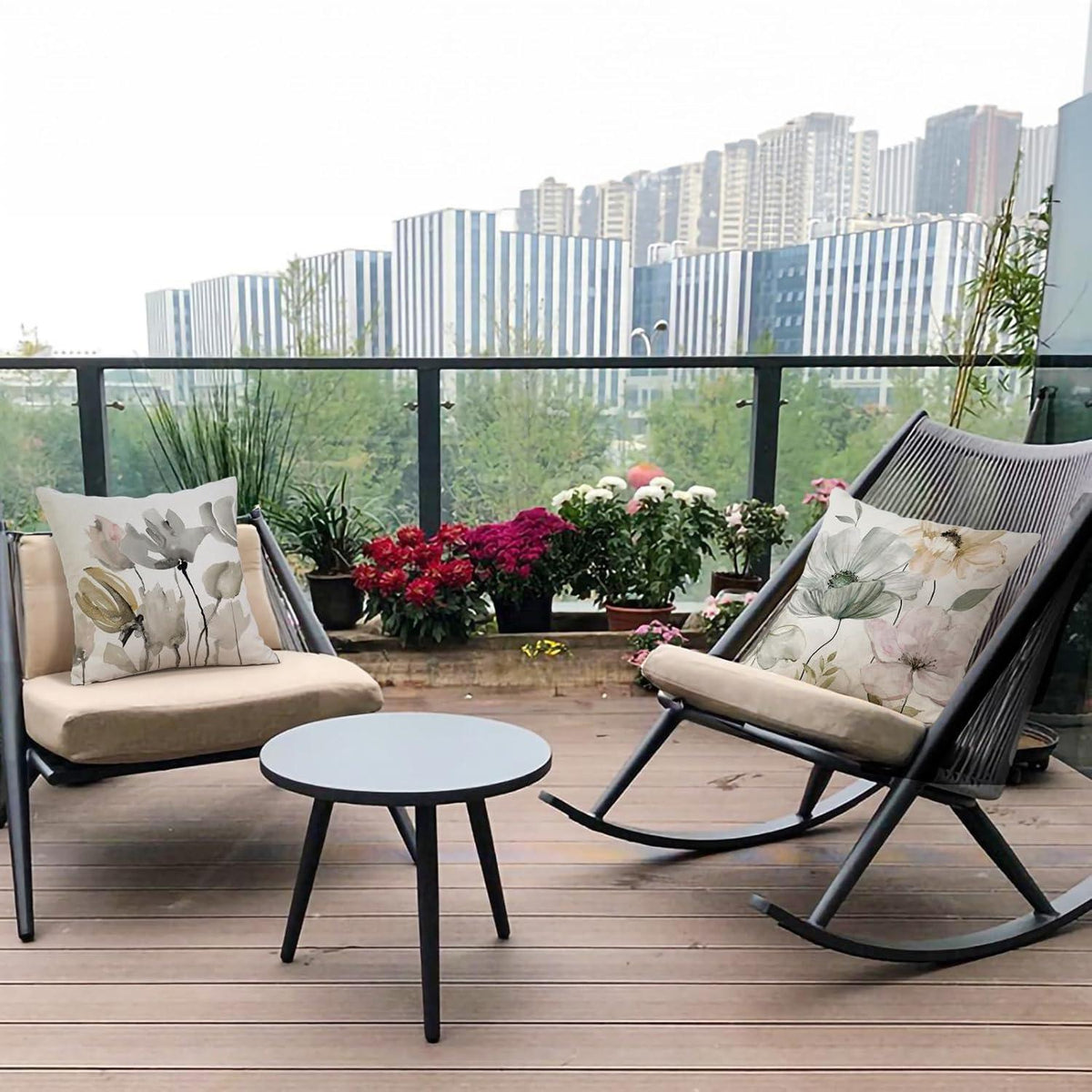 Blumen Kissenbezug 50x50 - 4er Set Leinen Outdoor Deko