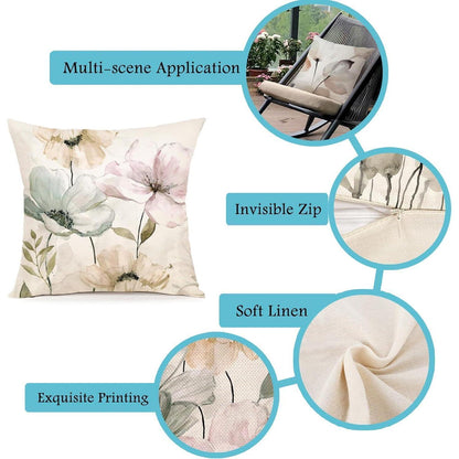 Blumen Kissenbezug 50x50 - 4er Set Leinen Outdoor Deko