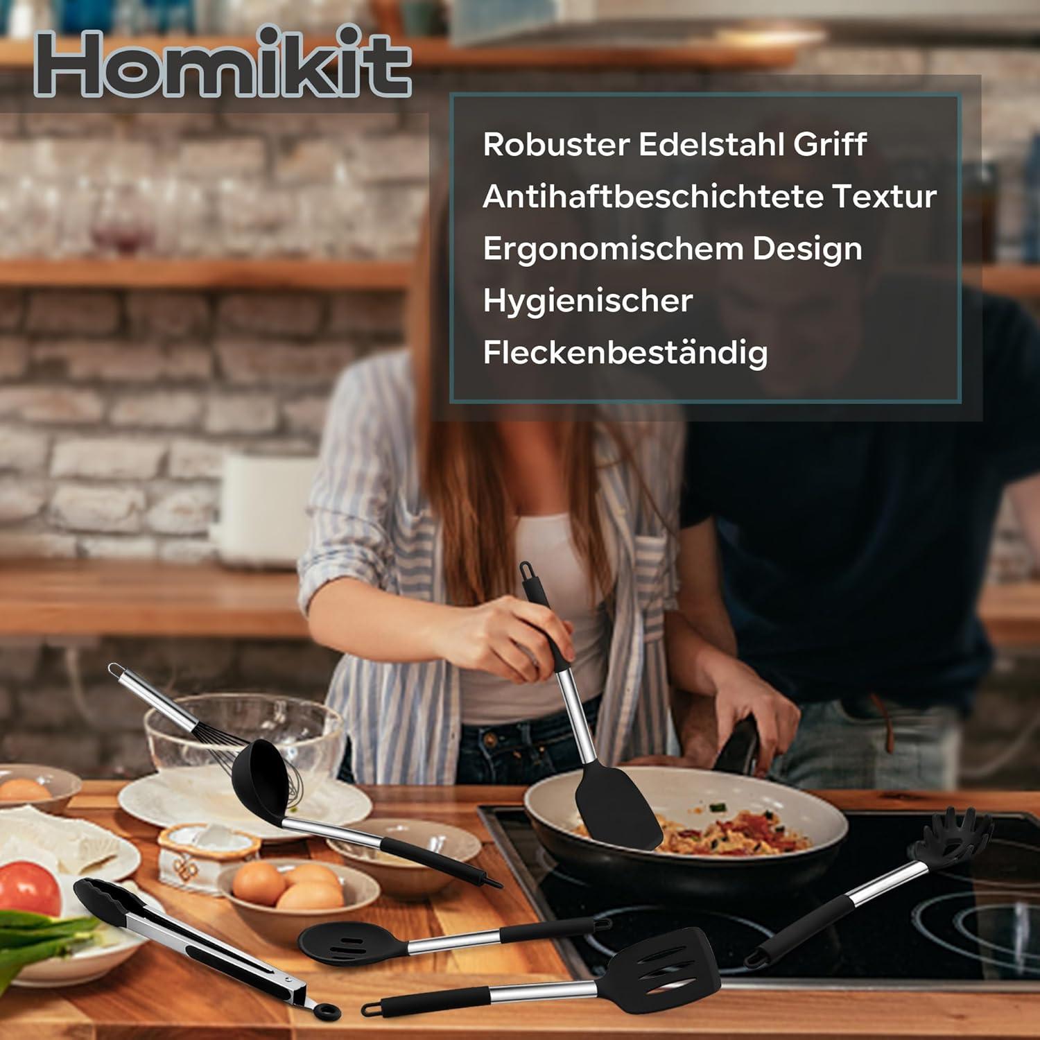 Homikit 7-teiliges Silikon Küchenhelferset Schwarz Edelstahl Hitzebeständig