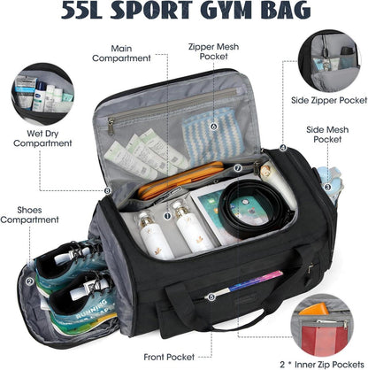 55L Große Sporttasche Reisetasche mit Schuhfach Nassfach