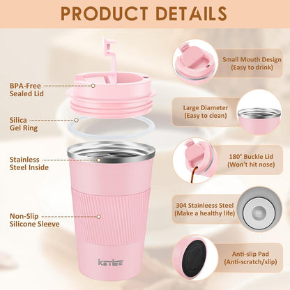 KETIEE Kaffeebecher to go Thermobecher 380ml Rosa