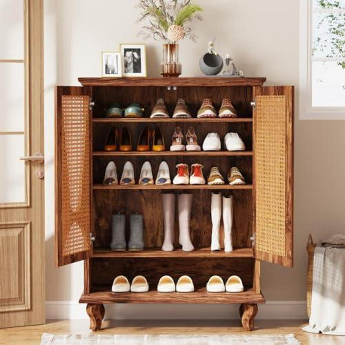 Rattan Schuhschrank mit 2 Türen – 75x37x110cm – 7-stöckig