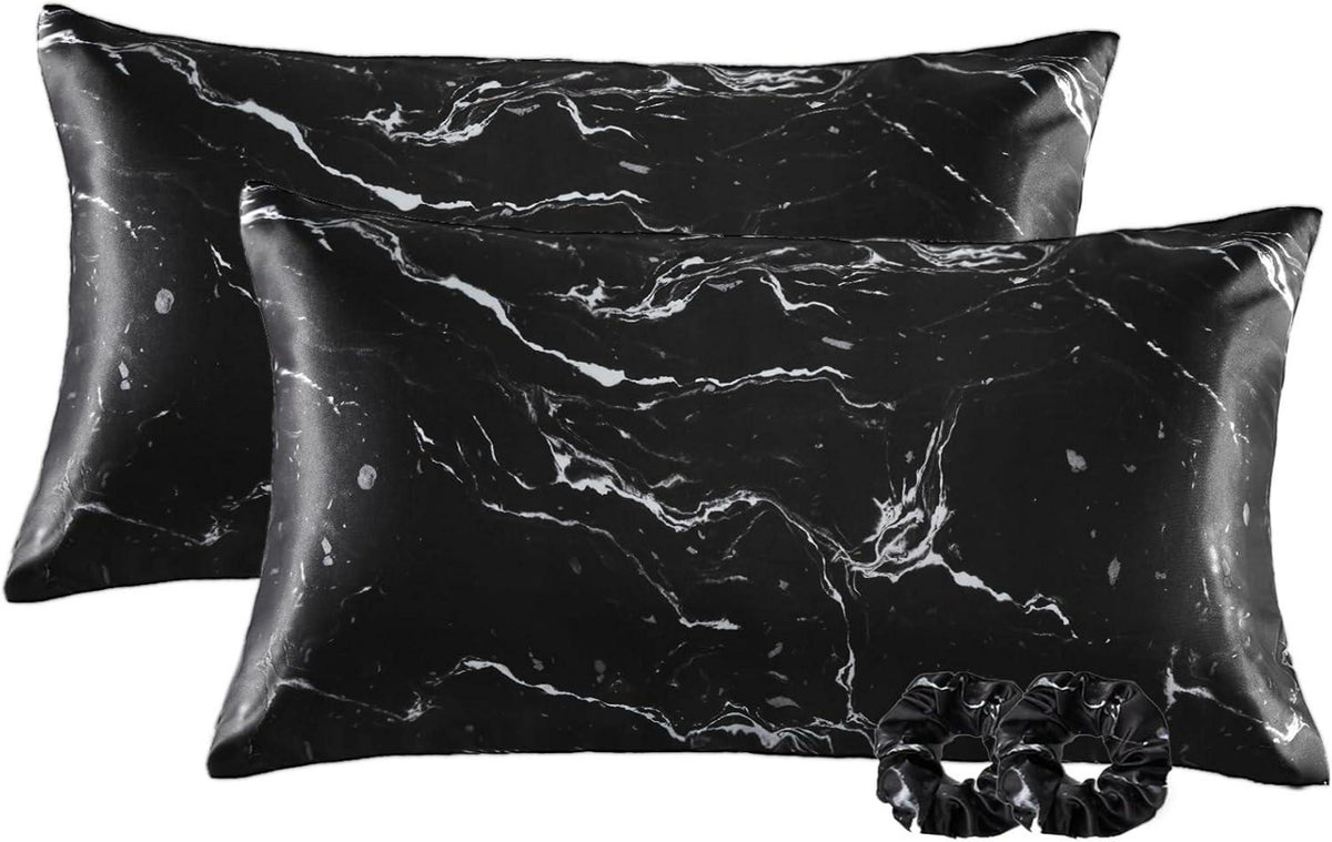 Satin Kissenbezug 2er Set Schwarz Marmor 40x80 mit Haargummis