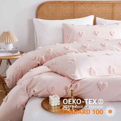 Boho Bettwäsche Set Rosa Getuftet 200x220cm Herz Design