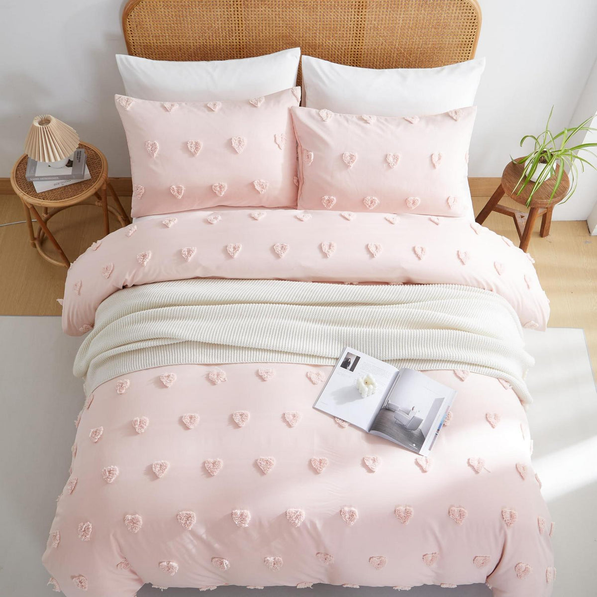 Boho Bettwäsche Set Rosa Getuftet 200x220cm Herz Design