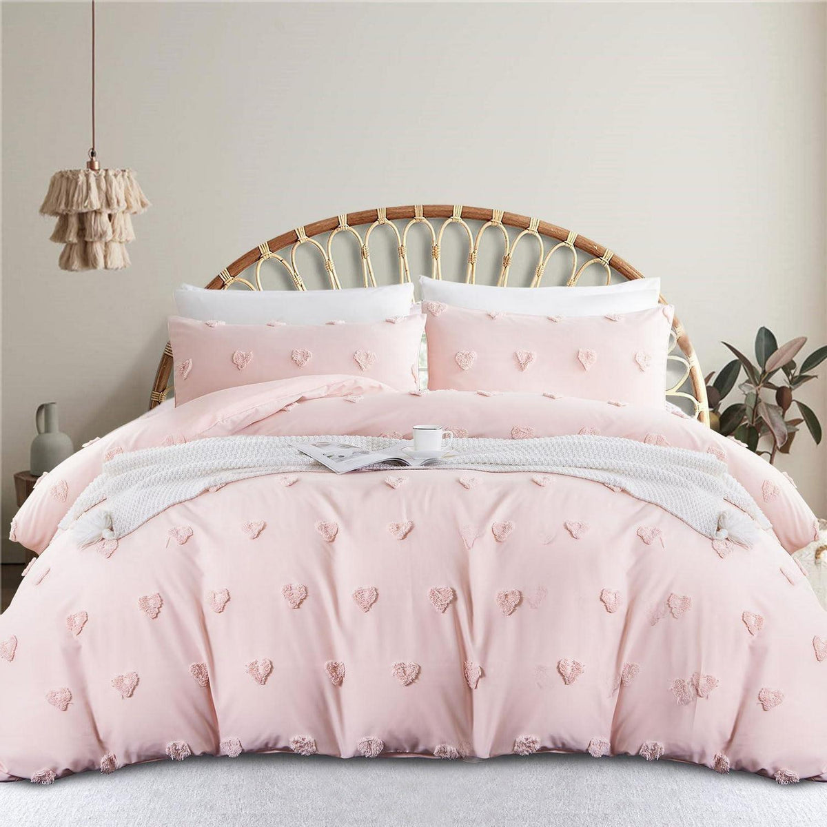 Boho Bettwäsche Set Rosa 220x240 mit Stickerei & Getuftung