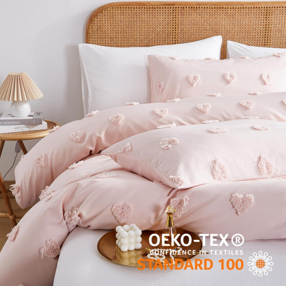 Boho Bettwäsche Set Rosa 220x240 mit Stickerei & Getuftung
