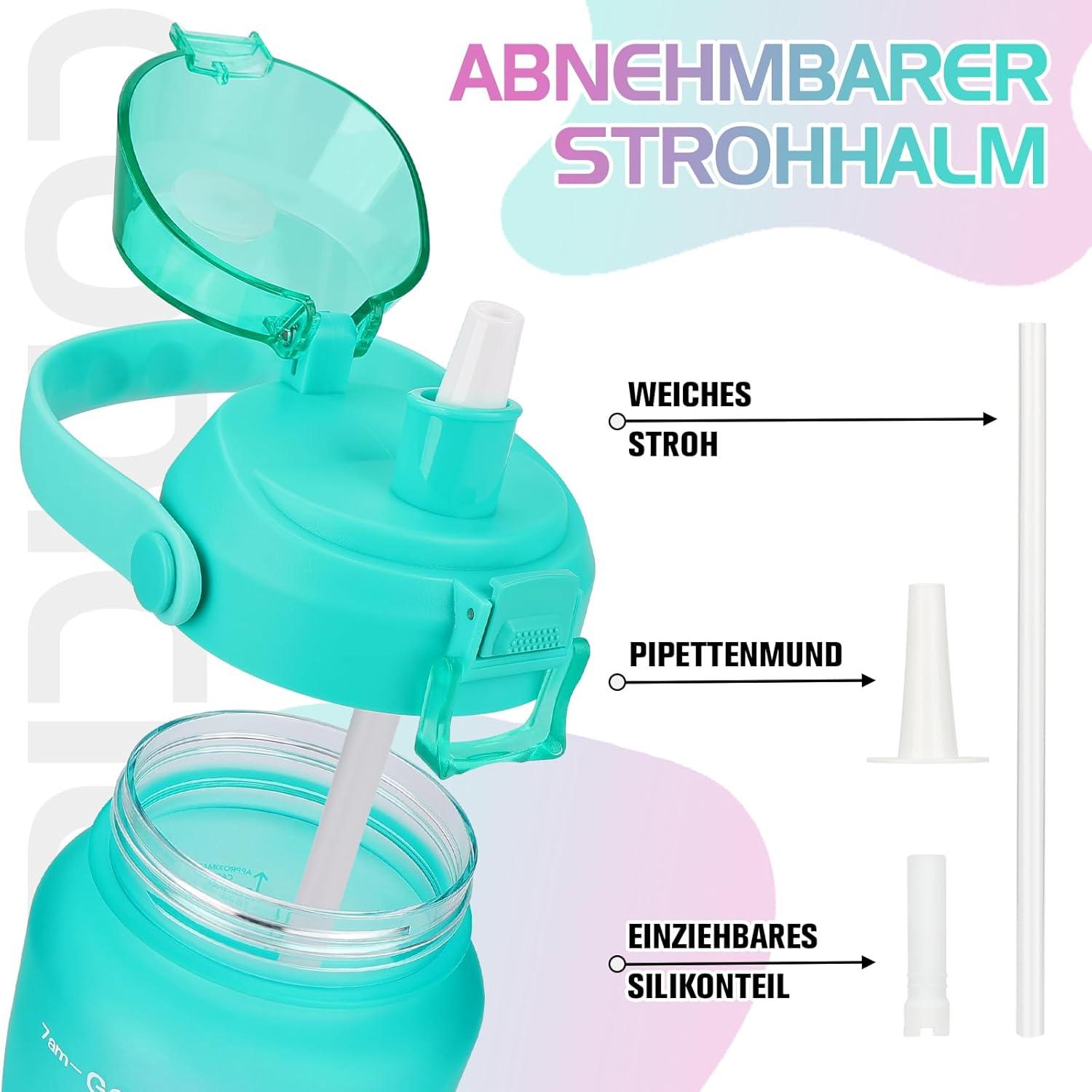 CodiCile 2l Trinkflasche mit strohhalm und Zeitmarkierung BPA-frei - Große trinkflasche, Kohlensäure Geeignet Green Pink