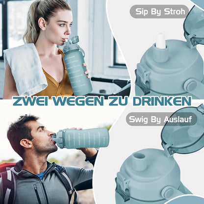 2L Trinkflasche mit Strohhalm, Zeitmarkierung, BPA-frei, Auslaufsicher, Grün