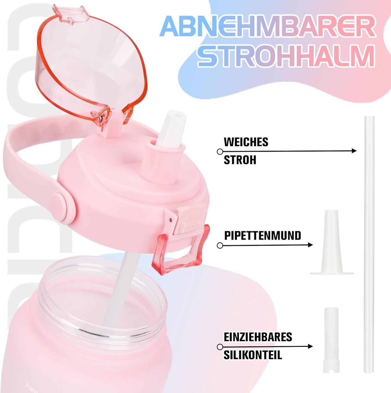 CodiCile 2l Trinkflasche mit Strohhalm und Zeitmarkierung, BPA-frei, Auslaufsicher