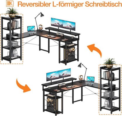 Eckschreibtisch mit Regal für Büro Schwarz 155×140cm