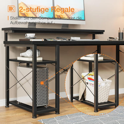 L-förmiger Schreibtisch mit 5-stufigem Regal, Monitorständer, Schwarz 155x140cm