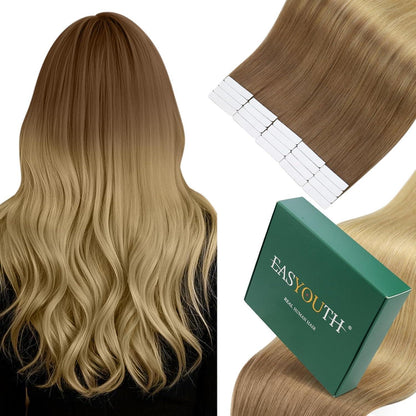 Echthaar Tape Extensions Balayage Braun Goldbraun Ombre