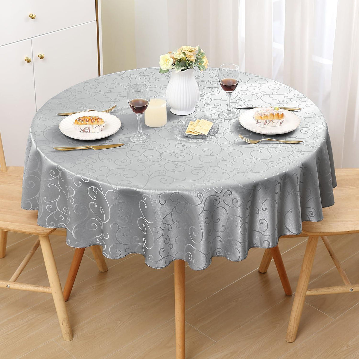 Runde Tischdecke Jacquard Grau 120cm – Abwaschbar & Elegant