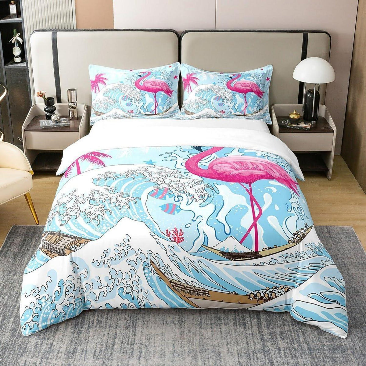 Rosa Flamingo Bettbezug 155x220 – Bio-Baumwolle & Ozean Design