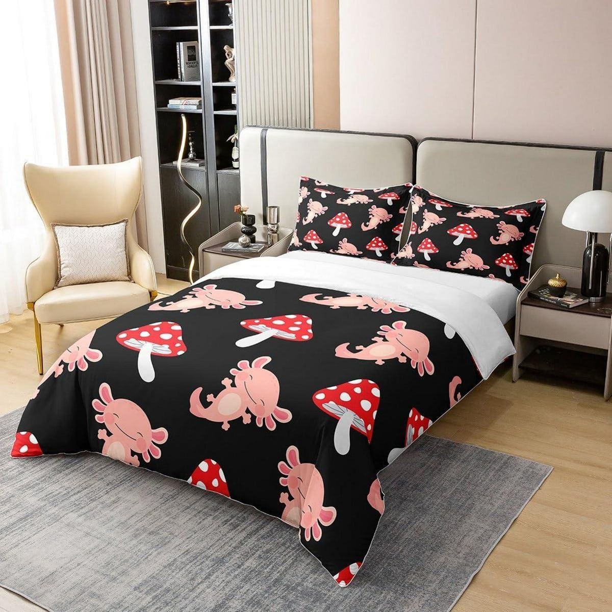 Kawaii Axolotl Bettwäsche Set 135x200 – Rosa Pilz Baumwolle
