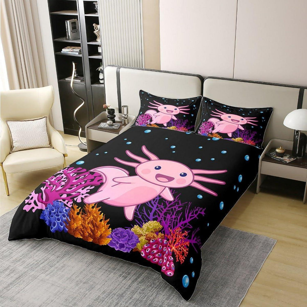 Axolotl Bettwäsche Set 220x240 Baumwolle Kawaii Unterwasserwelt