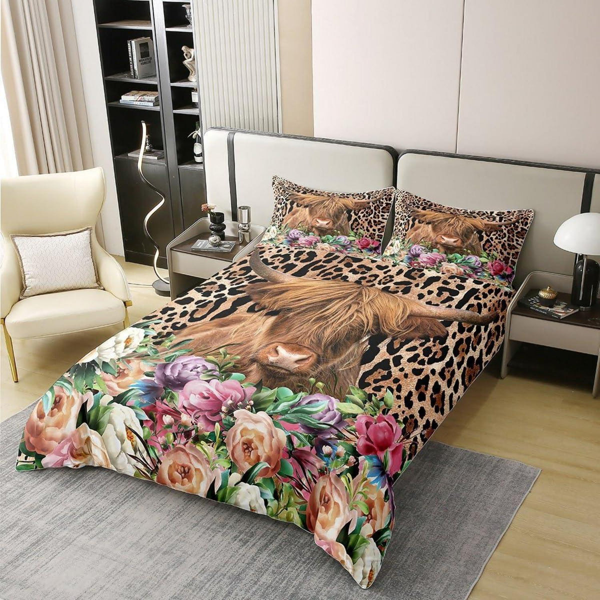 Hochland Kuh Bettwäsche Set 220x240 Baumwolle Leopard Print