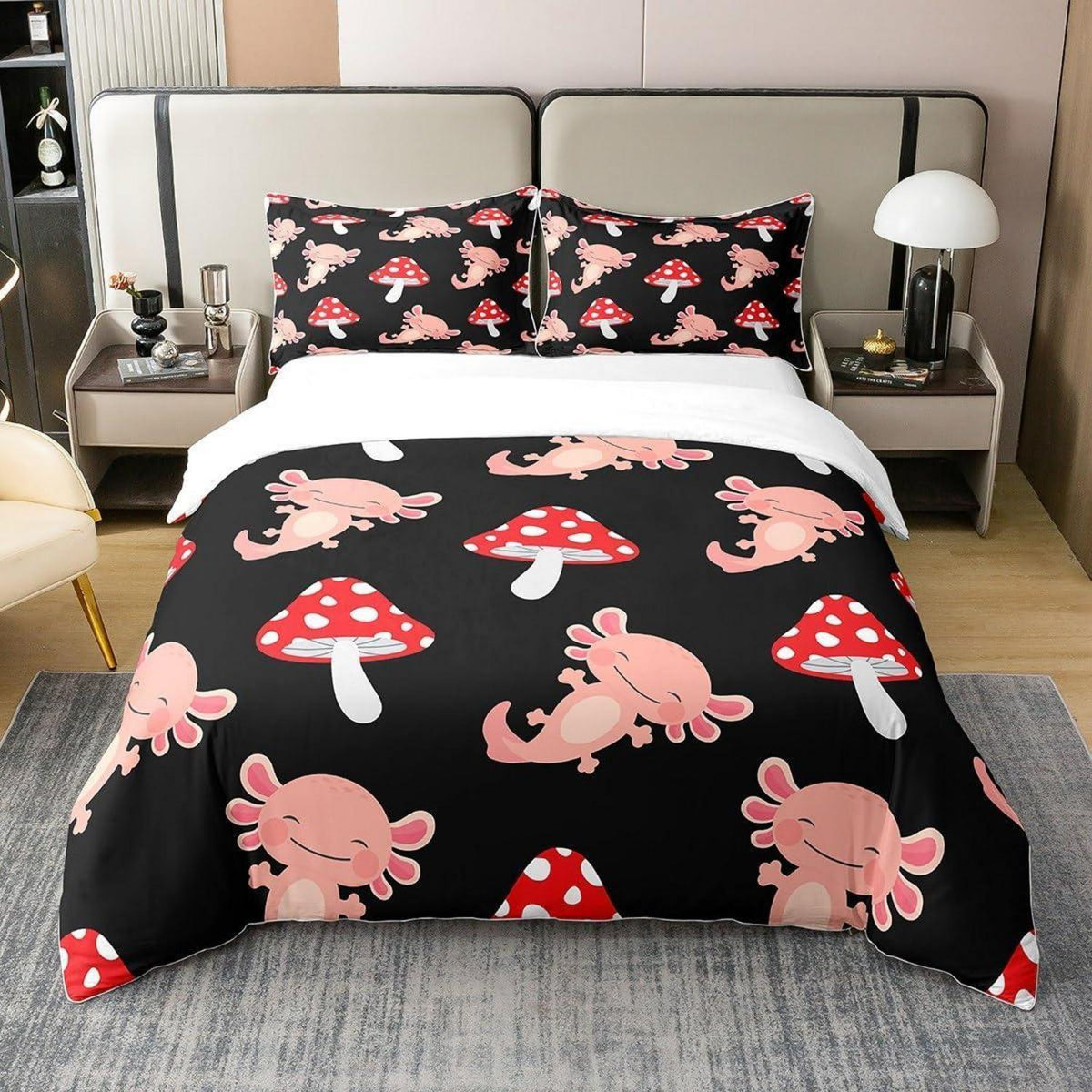 Kawaii Pilz & Axolotl Bettwäsche Set 200x200 Baumwolle