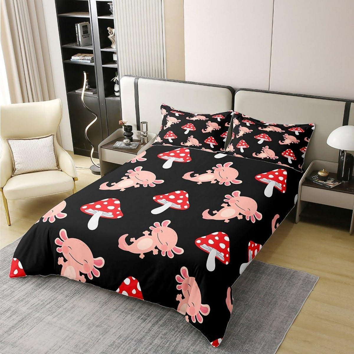 Kawaii Pilz & Axolotl Bettwäsche Set 200x200 Baumwolle