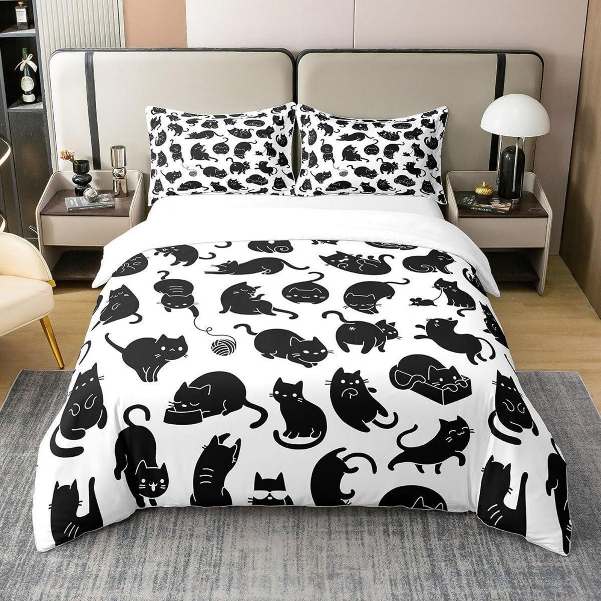 Katzen Bettwäsche Set 200x200 - Bio Baumwolle Schwarz Weiß
