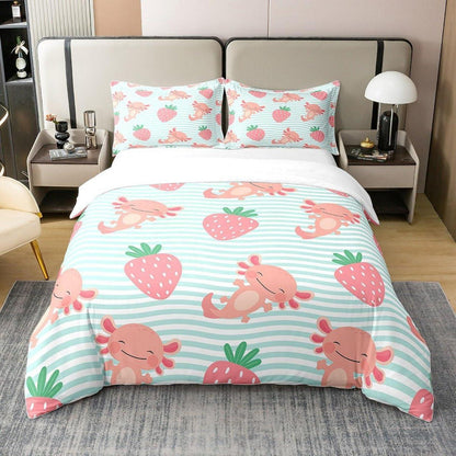 Kawaii Erdbeer & Axolotl Bettwäsche Set 135x200 Baumwolle