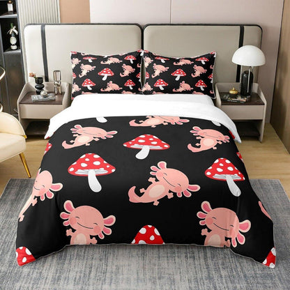 Süßer Pilz Baumwoll Bettbezug Set Kawaii Axolotl Rosa Bettwäsche