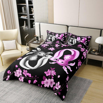 Kawaii Axolotl Bettwäsche Set 155x220 Baumwolle Rosa Schwarz