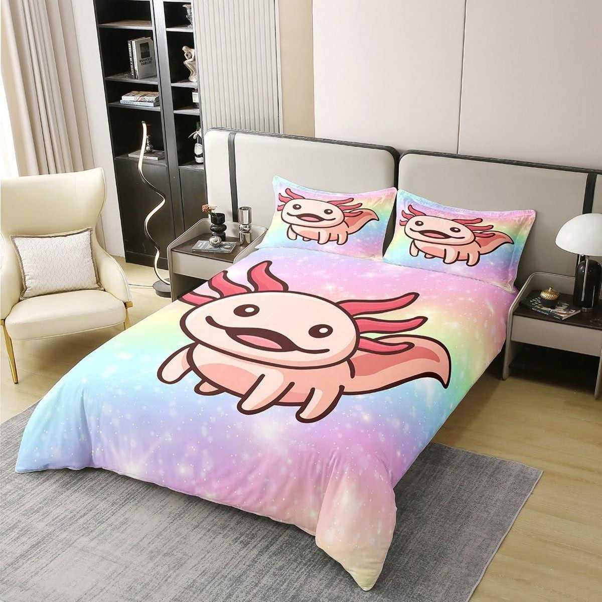 Axolotl Baumwoll Bettbezug Set Pastell Regenbogen Sternenhimmel