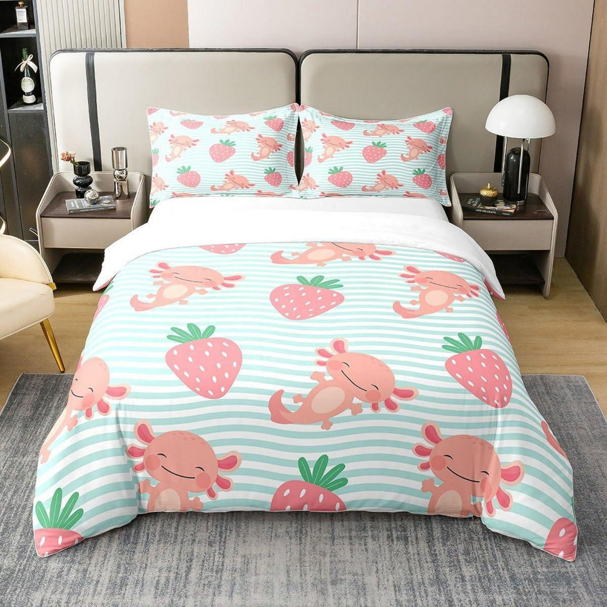 Kawaii Erdbeer & Axolotl Bettwäsche Set 220x240 Baumwolle