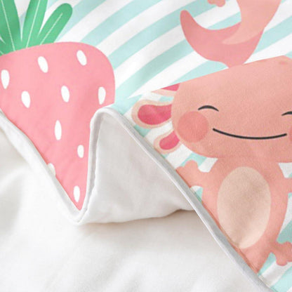 Kawaii Erdbeer & Axolotl Bettwäsche Set 220x240 Baumwolle