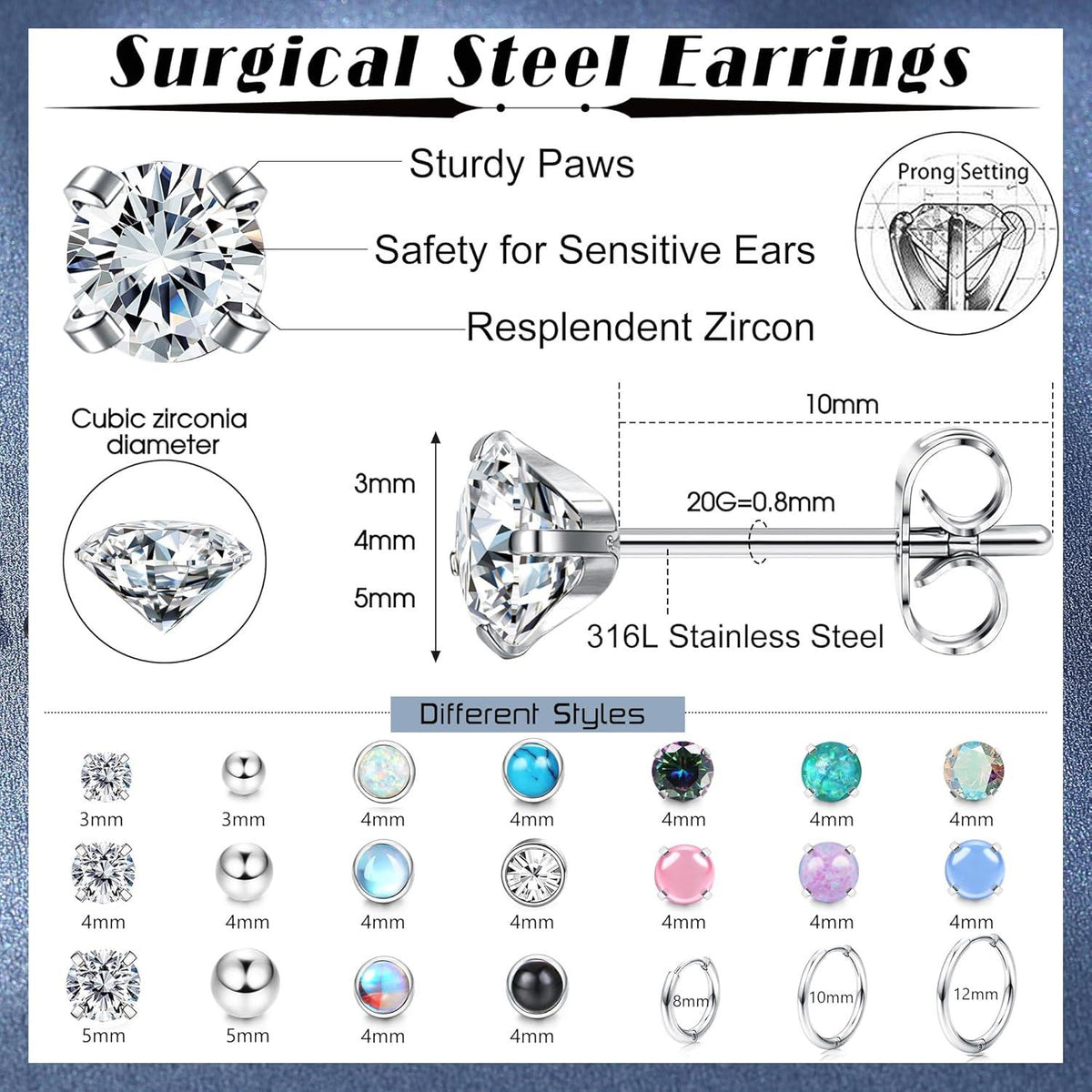 21Pairs Kleine Ohrstecker Chirurgenstahl Damen Zirkonia Opal