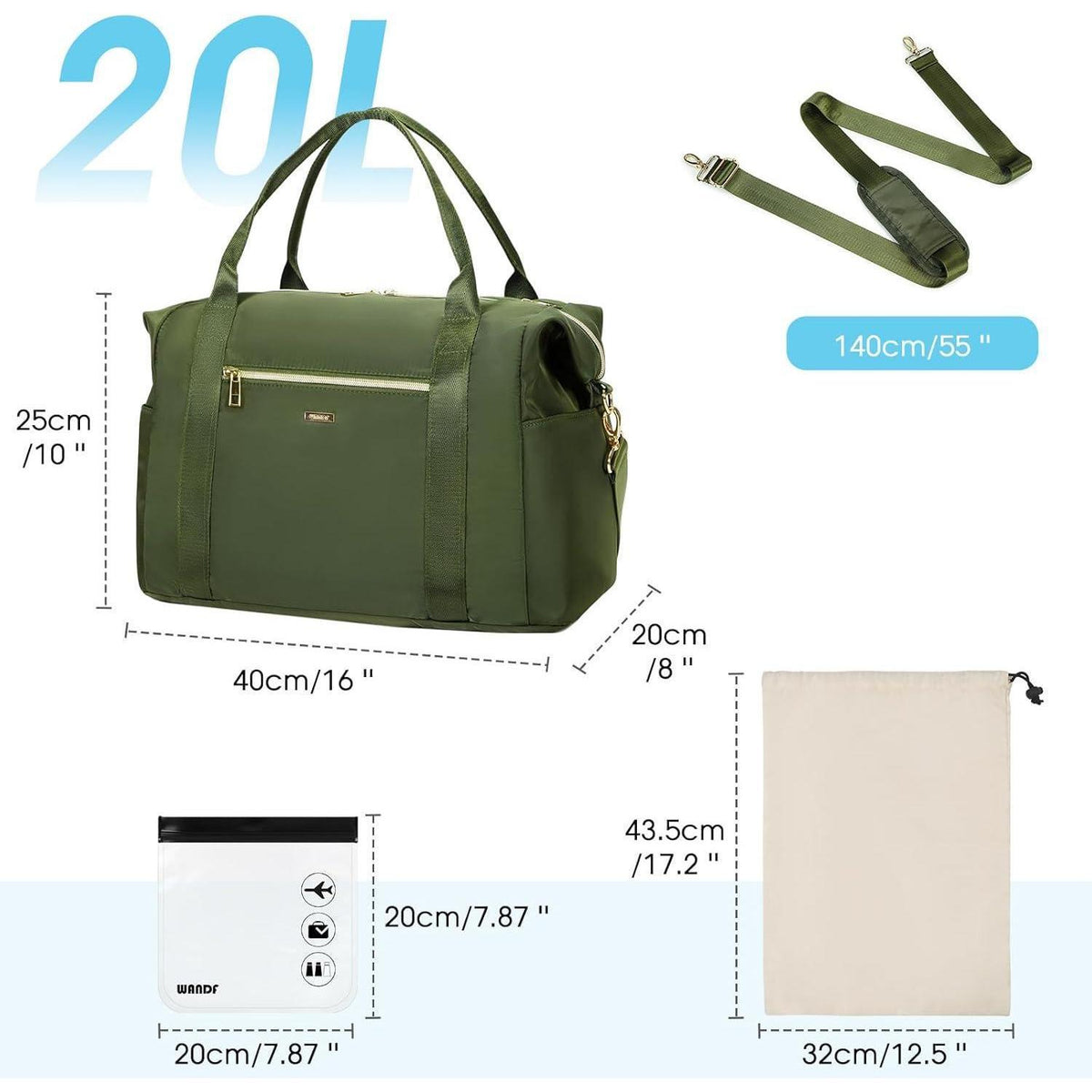 Handgepäcktasche 40x20x25cm mit Kulturbeutel & Schuhtasche (Dunkelgrün)