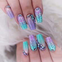 24 Stück Lila Blau Farbverlauf French Kunstnägel mit Strass - Mittel