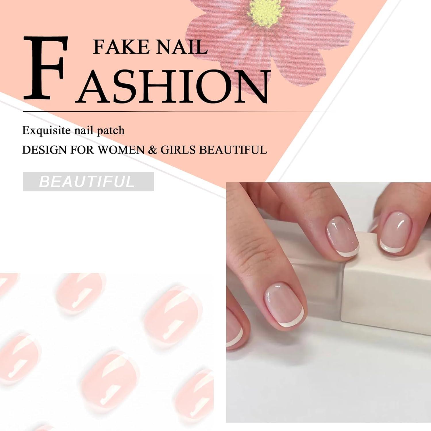 24 Stück Press on Nails Kurz Eckig, Nude French Acryl Nägel