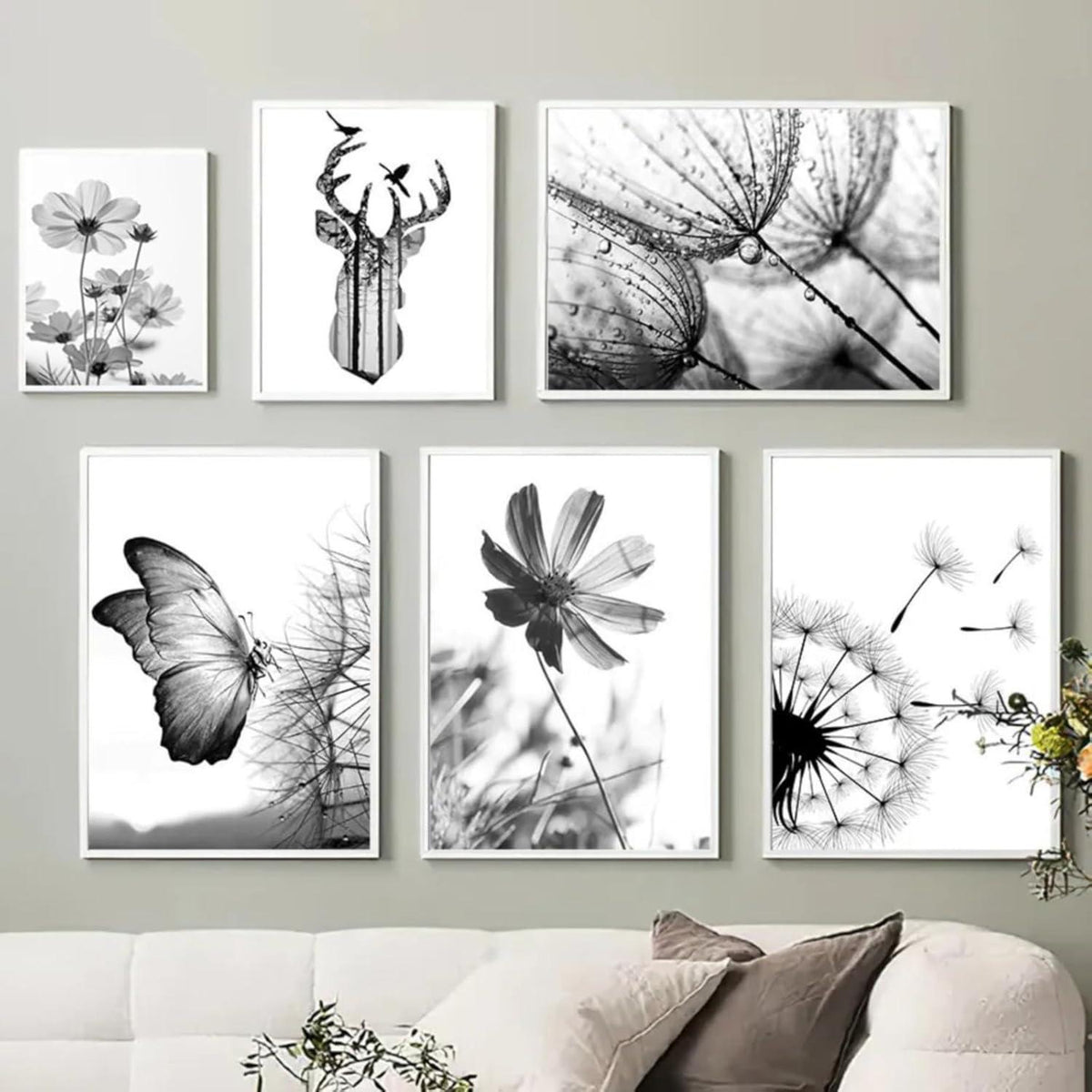Schwarz-Weißer Schmetterling Blume Poster Set 3er Wohnzimmer Schlafzimmer 40x50cm