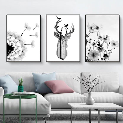 3er Poster Set Schwarz-Weiß Schmetterling Blume Wanddeko