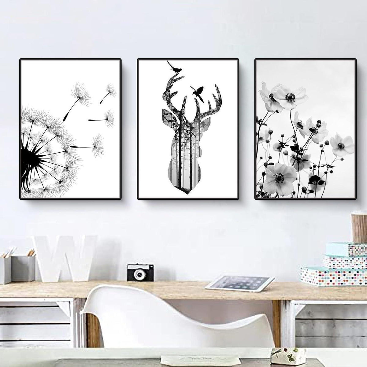 3er Poster Set Schwarz-Weiß Schmetterling Blume Wanddeko