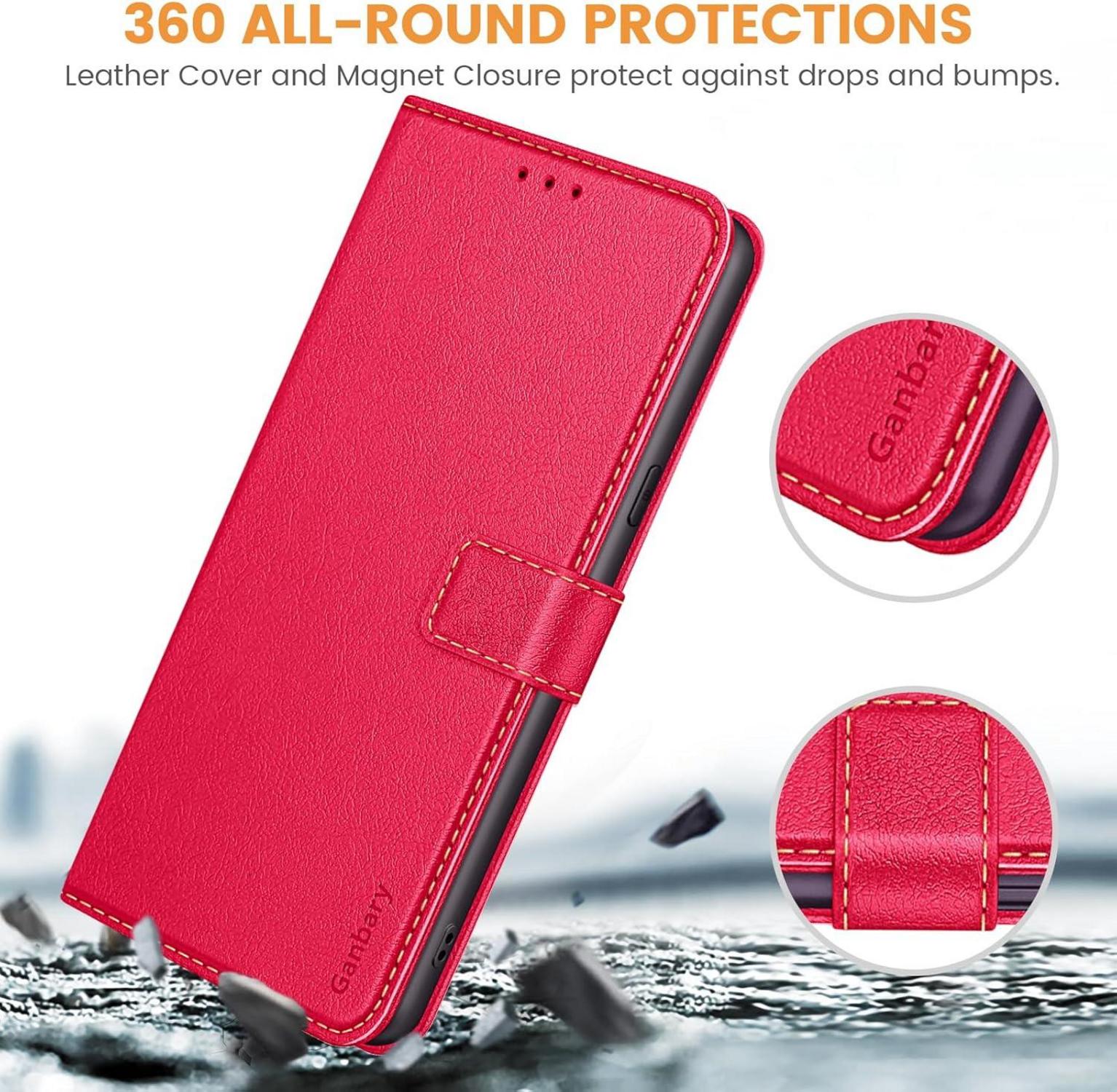 Leder Handyhülle iPhone 14 13 Klapphülle Rot Standfunktion