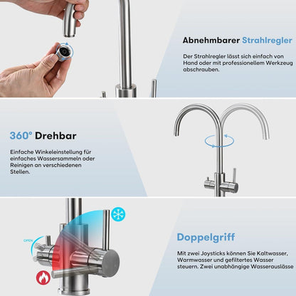 3-Wege Küchenarmatur mit Wasserfilter & 360° Drehung